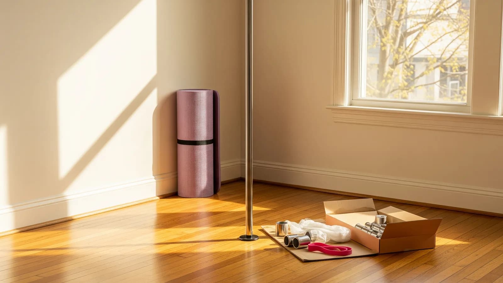 A tidy living-room corner with a single chrome home pole floor-to-ceiling and a part-unpacked pole kit box