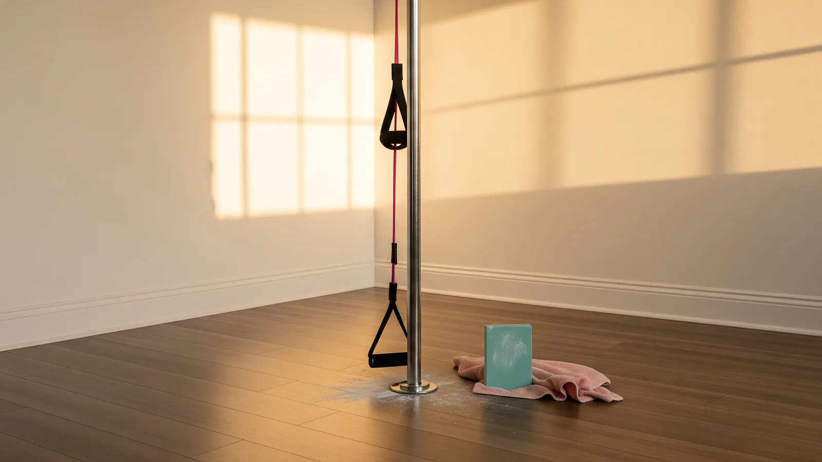 A chrome pole in a sunlit studio corner with a resistance band and towel resting at its base