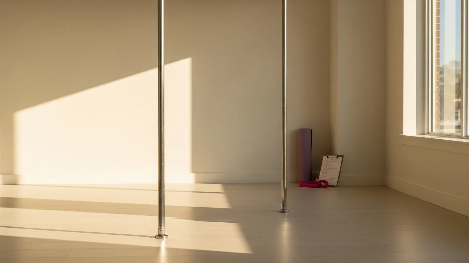 Two poles in a quiet mirrored studio at golden hour, one brightly lit and one in soft shadow