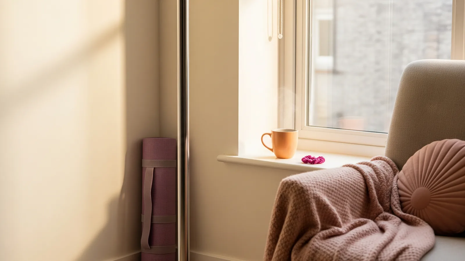 A cosy home-pole nook by a window with a rolled yoga mat and a mug of tea in soft morning light