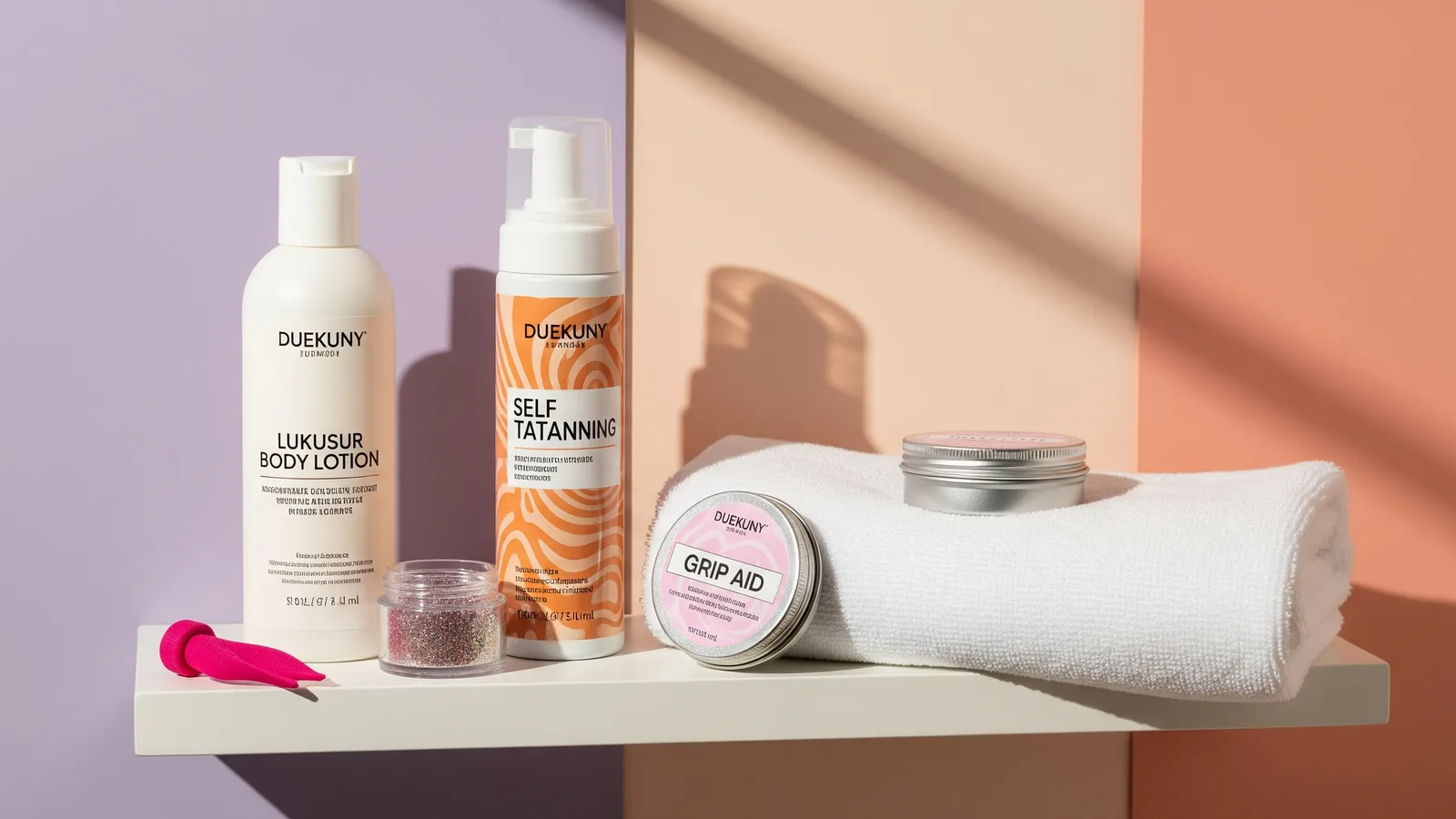 A shelf flat-lay of body lotion, fake tan and glitter pushed aside next to a grip aid tin