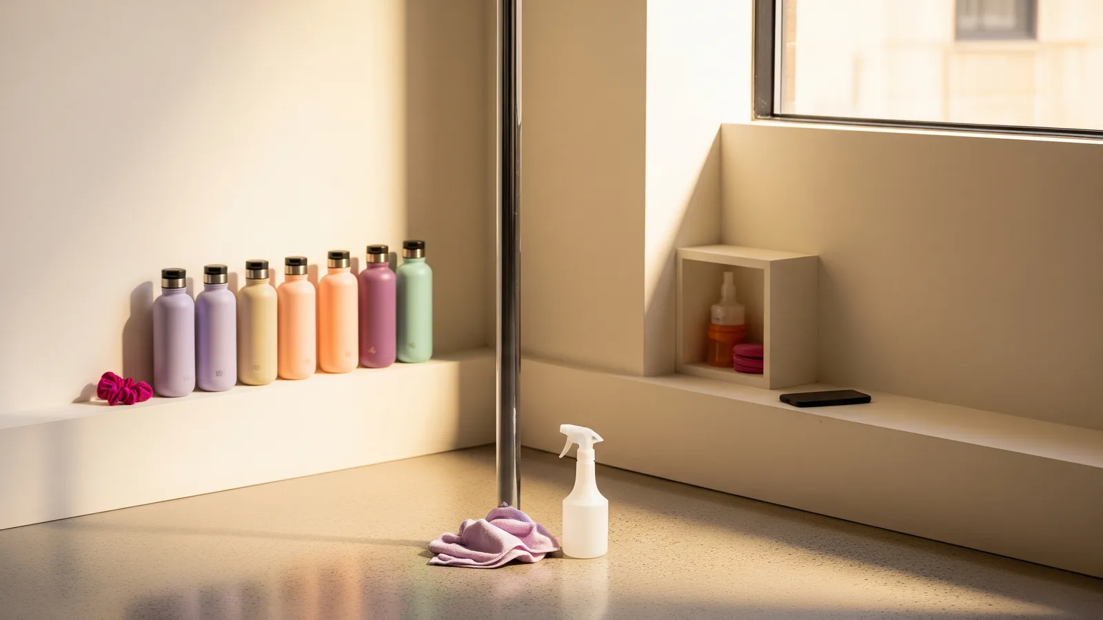 A tidy studio corner with a wiped-clean pole, a spray bottle and cloth, a face-down phone and a row of water bottles