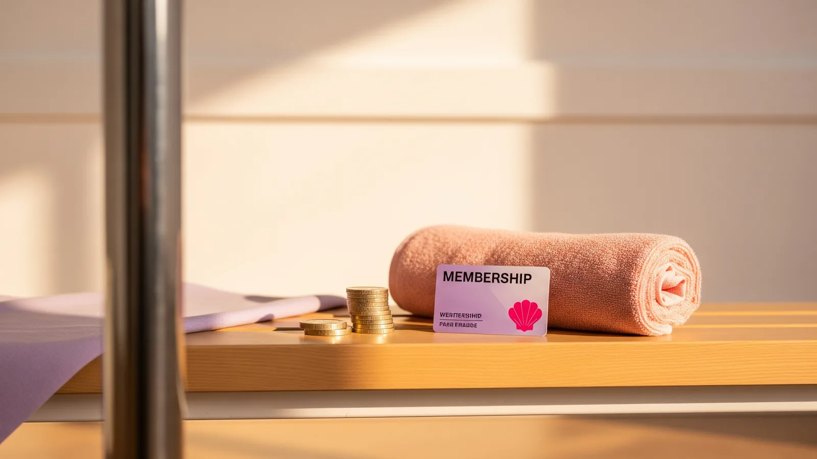 A membership card and a small stack of coins on a studio bench beside a rolled towel
