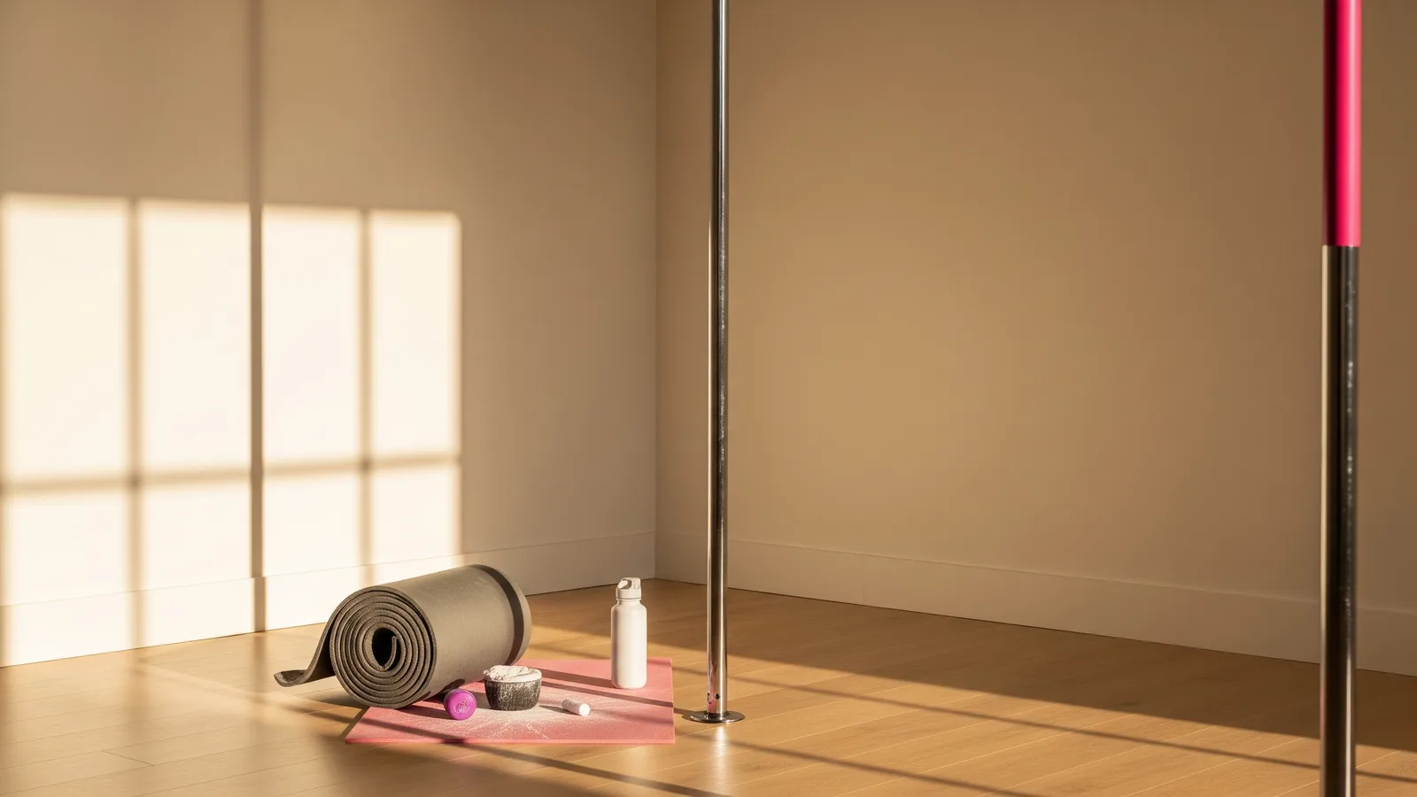 A chrome studio pole beside a crash mat and grip pot in warm morning light