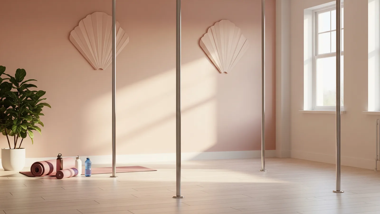 A bright pole fitness studio with beginners in a warm-up before a class