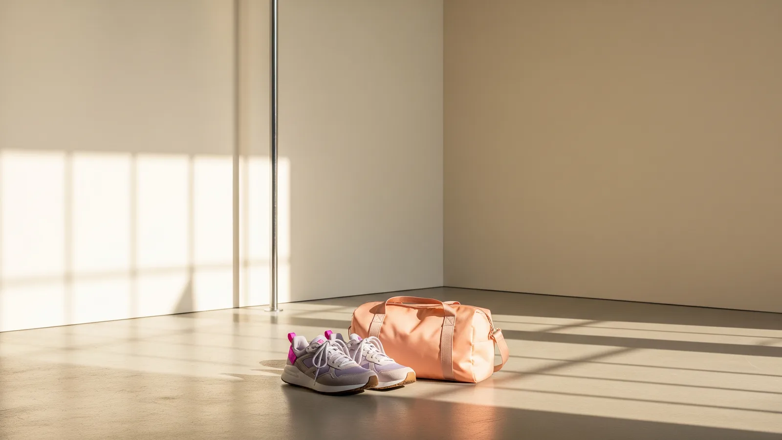 A single chrome pole against a plain studio wall with men's trainers and a kit bag on the floor in cool daylight