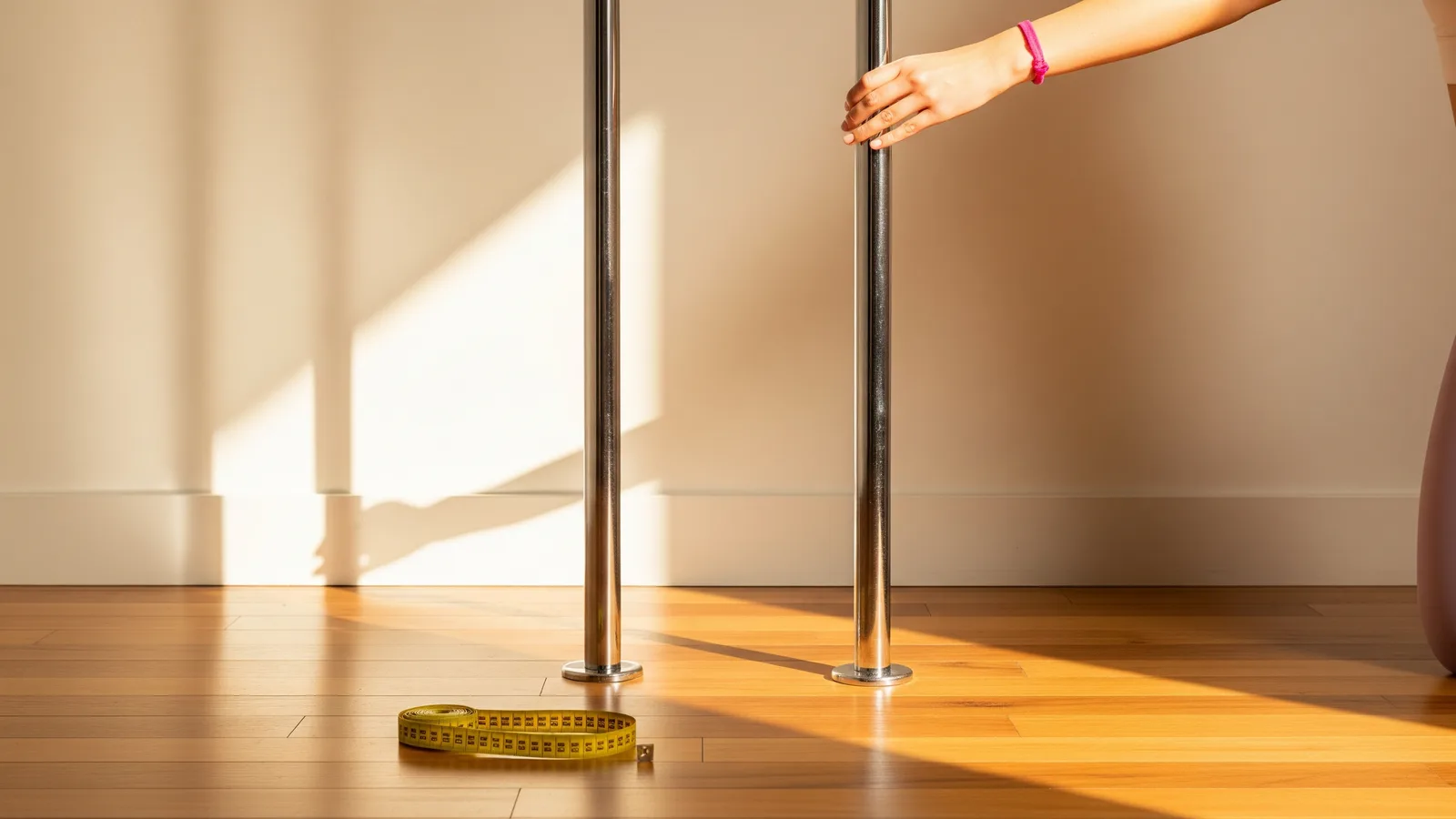 Two chrome dance poles of slightly different thickness stood side by side against a pale wall