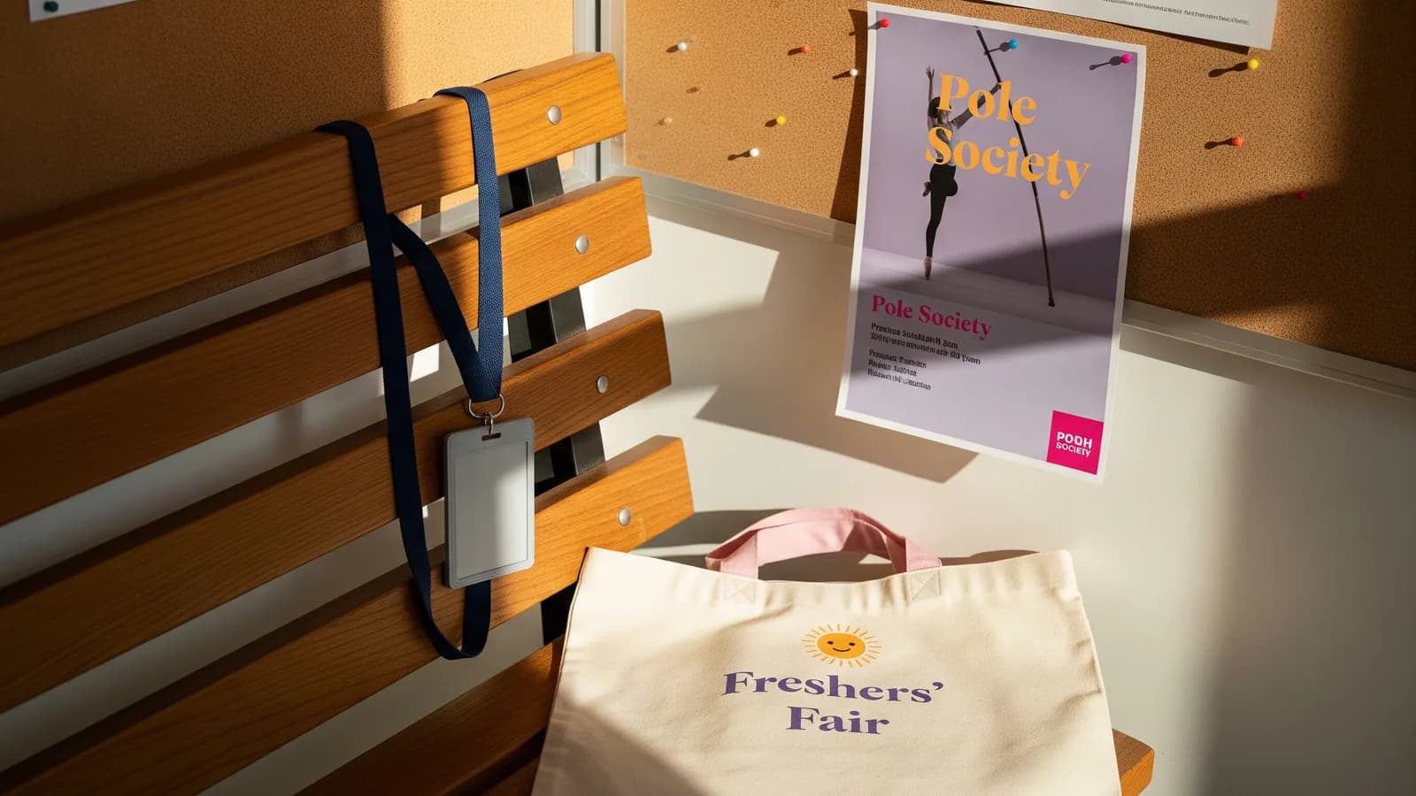 A student union noticeboard corner with a pinned pole society flyer, a lanyard and a tote bag below