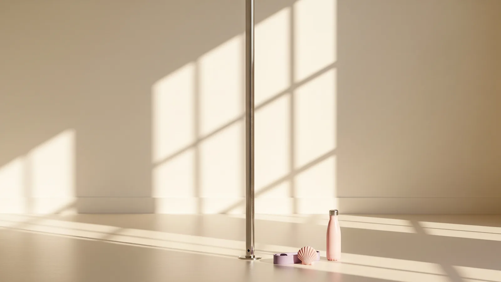 A single chrome pole in a bright minimal fitness studio with a resistance band and water bottle beside it