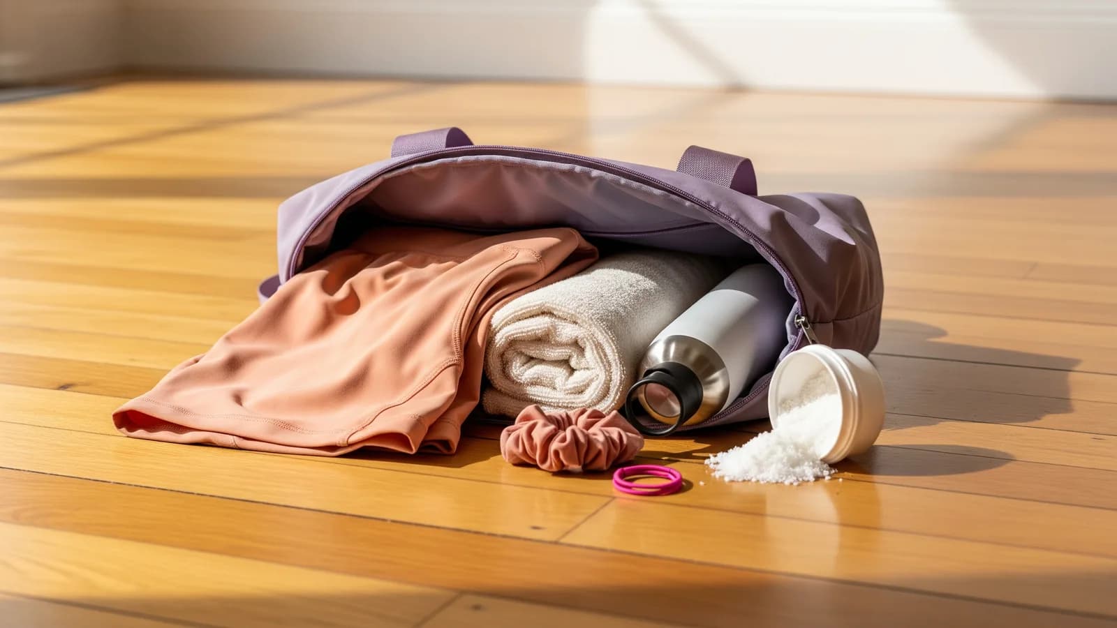 An open kit bag flat-lay with grip shorts, a towel, a water bottle and a hair tie on warm floorboards