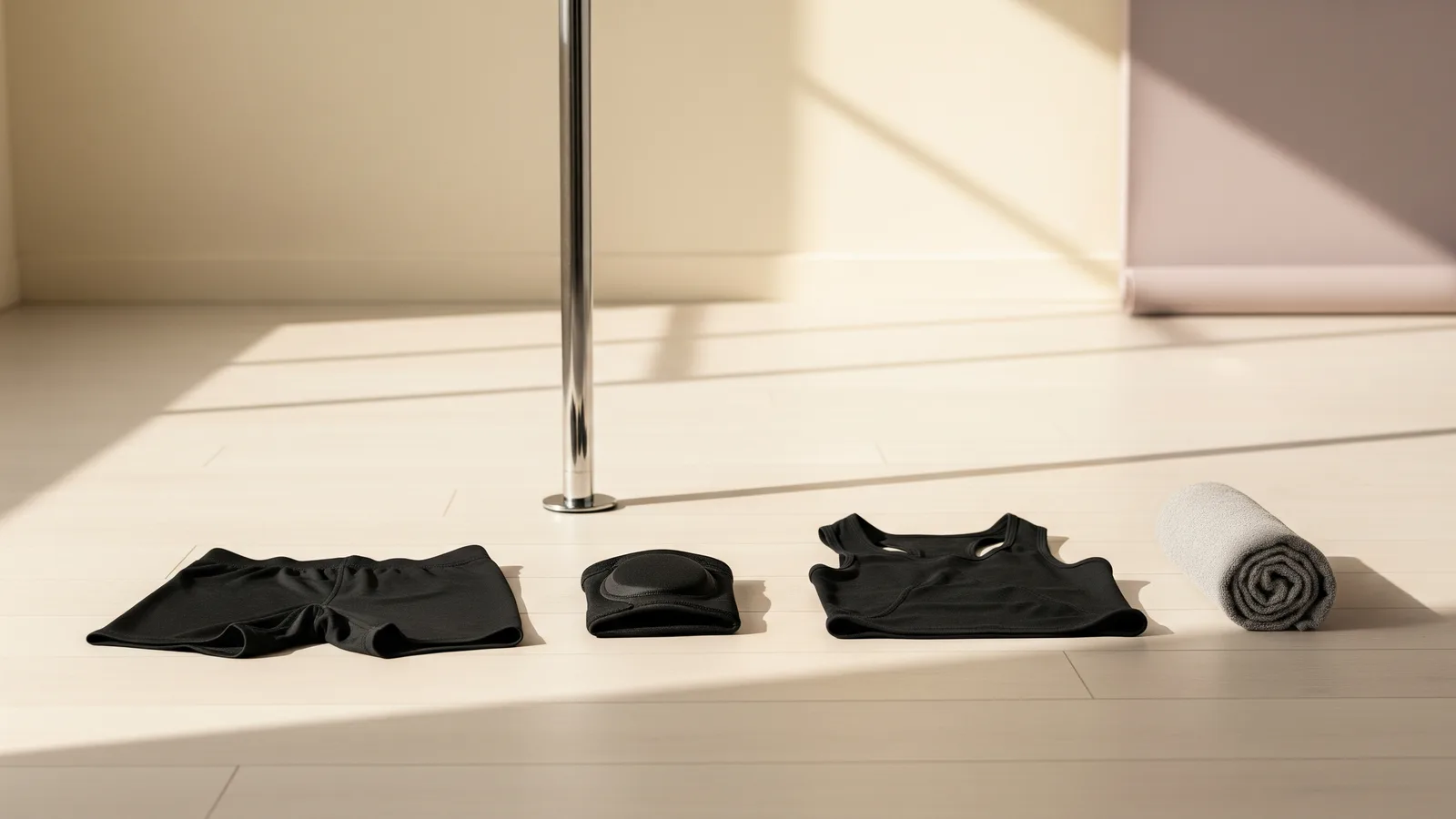 A flat-lay of black grip shorts, a fitted vest, a kneepad and a towel on pale studio floorboards