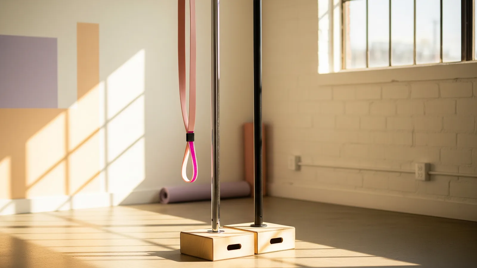 Two home poles side by side in a bright studio corner, one chrome and one powder-coated black